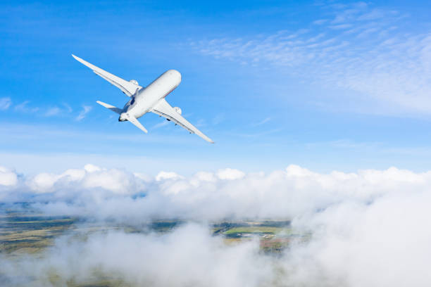istock The plane flies into the distance above the clouds, gaining altitude. 1254575005