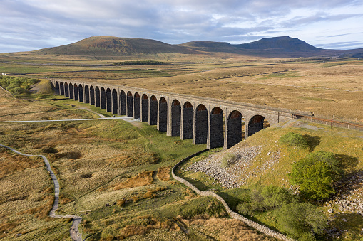 Aerial of The Ribblehead Viaduct a Grade II listed structure. in Horton in Ribblesdale, England, United Kingdom