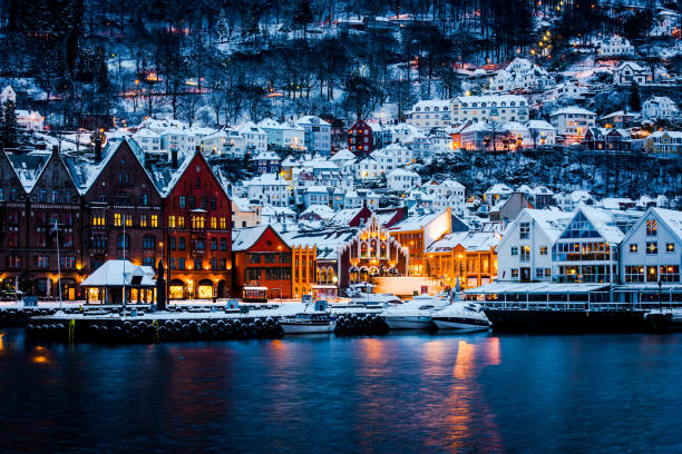 View of Hanseatic houses in Bergen at Christmas Panorama of historical buildings of Bergen at Christmas time. View of old wooden Hanseatic houses in Bergen bergen norway stock pictures, royalty-free photos & images