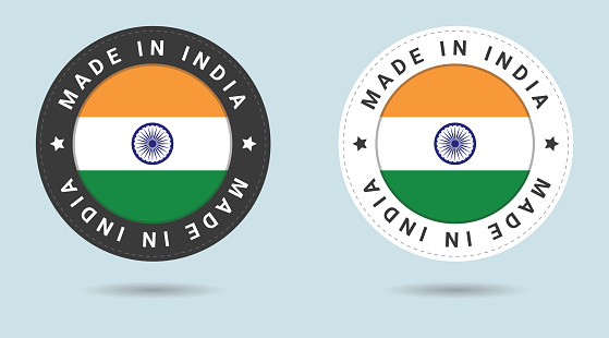 Set of two Indian stickers. Made in India. Simple icons with flags.