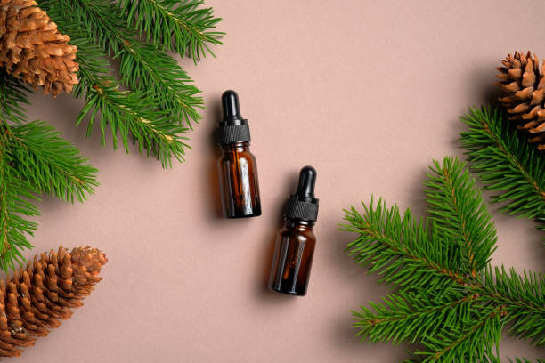 istock Flat lay composition with bottles of conifer essential oil on beige background with pine tree branches and cones. Natural organic cosmetic for hair care. 1254581639