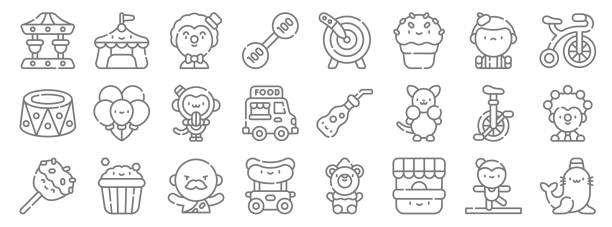 circus line icons. linear set. quality vector line set such as seal, ticket office, hot dog, caramel apple, monocycle, monkey, bicycle, knife throwing, circus tent circus line icons. linear set. quality vector line set such as seal, ticket office, hot dog, caramel apple, monocycle, monkey, bicycle, knife throwing, circus tent video charades stock illustrations
