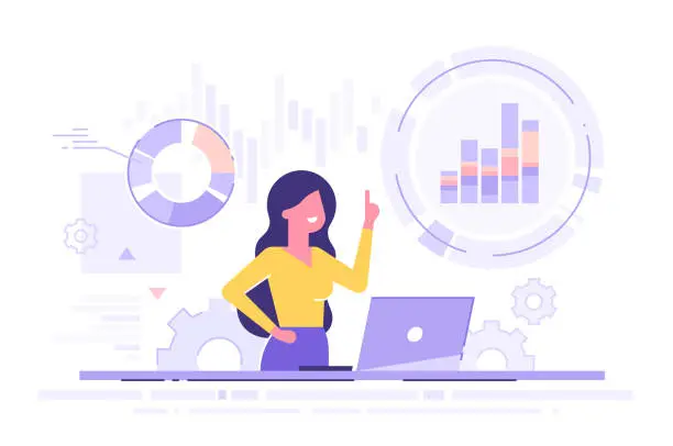 Vector illustration of Cute businesswoman analyzing data on his laptop and holding up her index finger. Data science concept. Business charts and diagrams. Modern vector illustration.