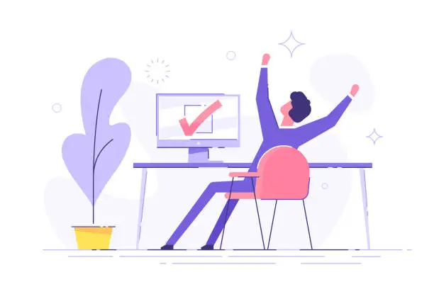 Vector illustration of Happy man completed task and triumphing with raised hands on the his workplace.  Successful well done work. Completed task. modern vector illustration.