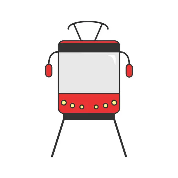 Vector illustration of Tram rides on rails. Flat icon. Vector illustration.