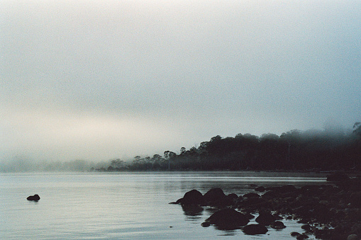 Lake View at Dramatic Fog Misty Morning Lake Saint Claire Tasmania Australia