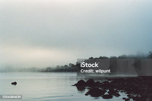 istock Lake View at Dramatic Fog Misty Morning 1254584839