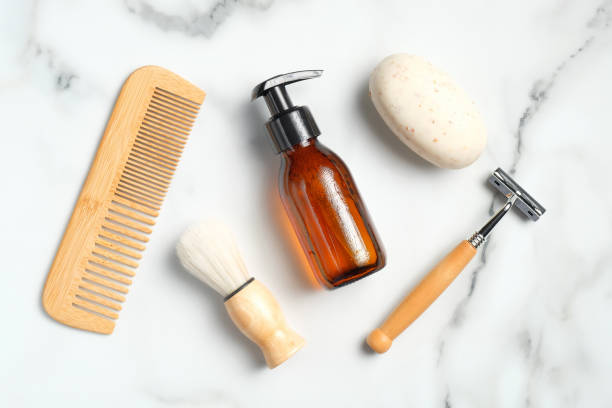 istock Eco-friendly bathroom accessories and shaving tools for man on marble table. Flat lay, top view. Zero waste, sustainable lifestyle concept. 1254584954