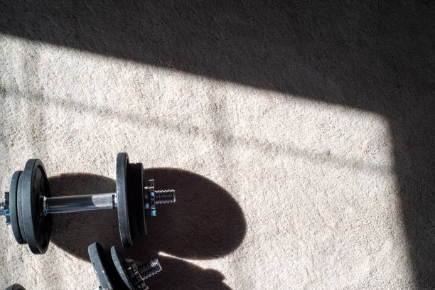 Home gym equipment, carpet and copy space