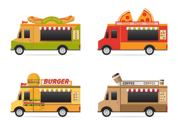 wektorowa ilustracja scenografii ikon food trucków. - take out food white background isolated on white american cuisine stock illustrations