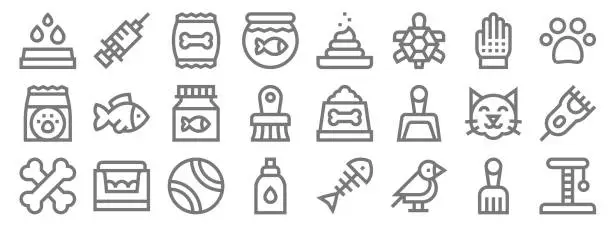 Vector illustration of pet shop line icons. linear set. quality vector line set such as scratching, bird, perfume, bones, cat, fish food, pawprint, poop, injection