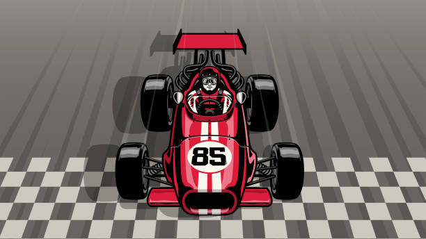 vector of old vintage formula car driving fast passing the finish line