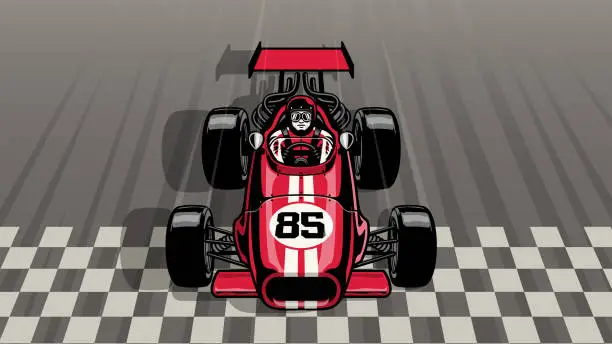 Vector illustration of old vintage formula car driving fast passing the finish line