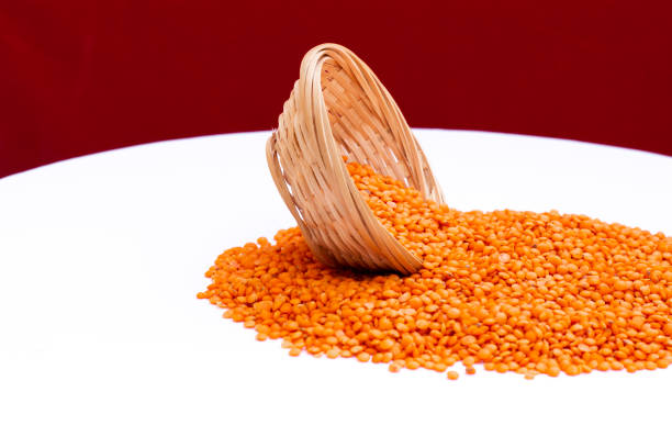 red lentils in a basket on a white background.