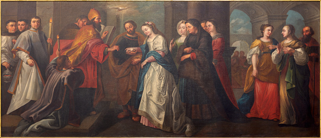 Prague - The painting of Wedding of Virgin Mary and St. Joseph in church kostel Svatého Havla by unknown baroque artist.