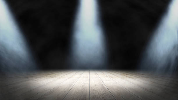 istock Empty stand up scene with wooden floor and spot lights.. Empty room studio gradient used for background and display your product. 3d illustration 1254592915