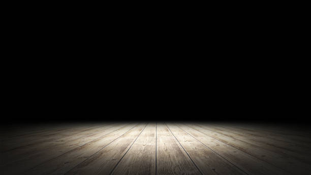 istock Empty stand up scene with wooden floor and spot lights.. Empty room studio gradient used for background and display your product. 3d illustration 1254592943