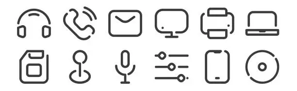 Vector illustration of 12 set of linear multimedia icons. thin outline icons such as compact disk, settings, map, printer, email, call for web, mobile.