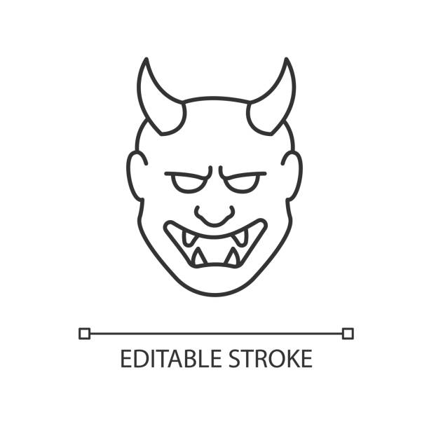 Japanese mask pixel perfect linear icon. Hannya face. Evil mythological creature from folklore. Thin line customizable illustration. Contour symbol. Vector isolated outline drawing. Editable stroke Japanese mask pixel perfect linear icon. Hannya face. Evil mythological creature from folklore. Thin line customizable illustration. Contour symbol. Vector isolated outline drawing. Editable stroke hannya stock illustrations