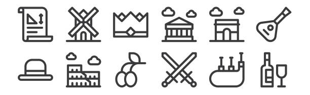 12 set of linear europe icons. thin outline icons such as wine, crossed, coliseum, arc de triomphe, crown, windmill for web, mobile. 12 set of linear europe icons. thin outline icons such as wine, crossed, coliseum, arc de triomphe, crown, windmill for web, mobile mona lisa stock illustrations