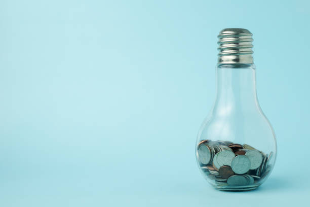 Coins in light bulb bottle shape on blue background