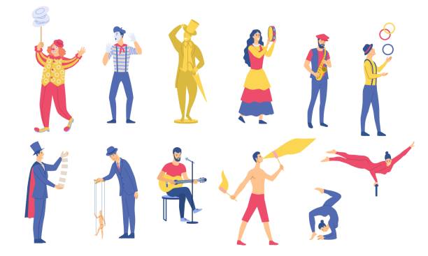 Set of vector illustrations of various street performances Set of vector illustrations of various street performances. Big festival of street culture and entertainment. Isolated characters of street acrobats, musicians and stuntmen. charades stock illustrations