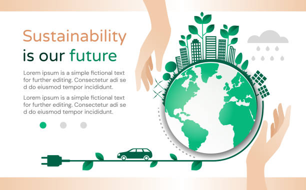 Sustainability Is Our Future design template Sustainability Is Our Future design template with a green planet surrounded with buildings and entwined plants leading to an electric car, colored vector illustration responsible business illustrations stock illustrations