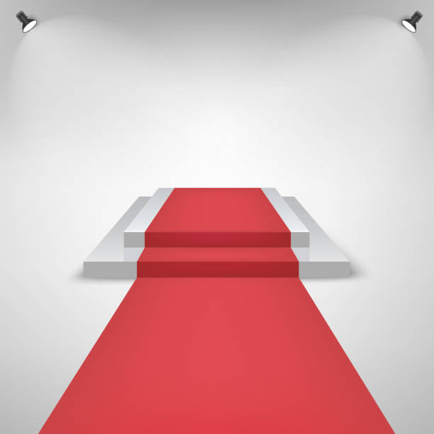 istock Red carpet on a Stage Podium For Award with lights effect. White Stage with stairs. Pedestal for winners. Vector 1254599074