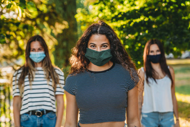 istock Portrait of three friends wearing protective facemasks 1254600230