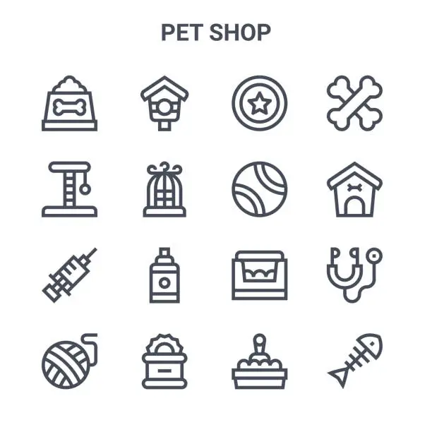 Vector illustration of set of 16 pet shop concept vector line icons. 64x64 thin stroke icons such as birdhouse, scratching, dog house, pet bed, canned food, fishbone, cat box, tennis ball, bones