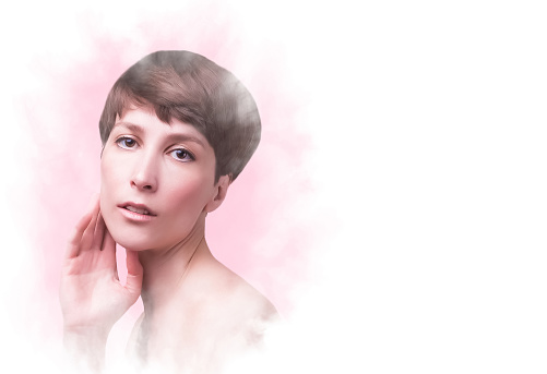 Beautiful woman. Female face close up. Portrait of young caucasian woman at studio isolated on pink. Fresh skin and beauty concept. Short haircut, long neck, perfect skin