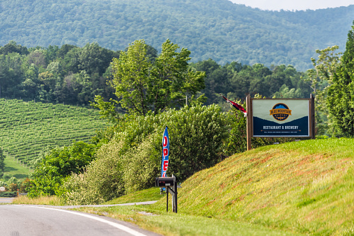 Afton, USA - June 9, 2020: Nelson County, Virginia countryside with road sign for Blue Mountain brewery tasting room open