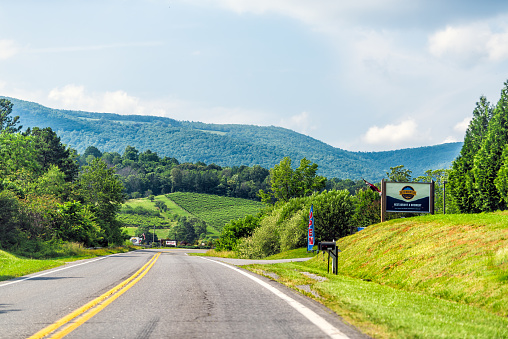 Afton, USA - June 9, 2020: Nelson County, Virginia countryside rural point of view driving with road sign for Blue Mountain brewery tasting room open