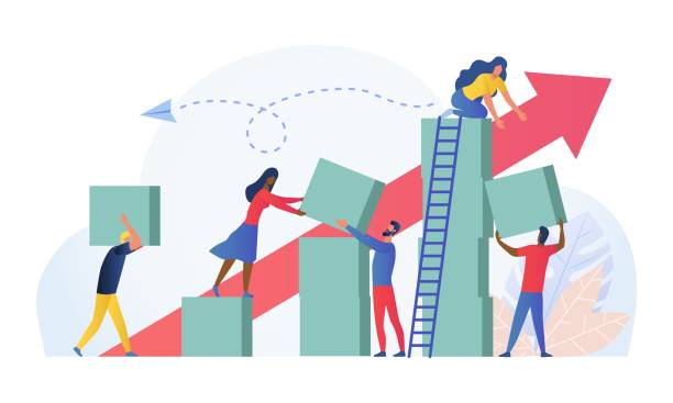 Composition with group of multiracial employees Composition with group of multiracial employees, managers or office workers moving boxes to assemble towers. Concept of teamwork, team building and building successful business. Vector illustration. growth concept stock illustrations