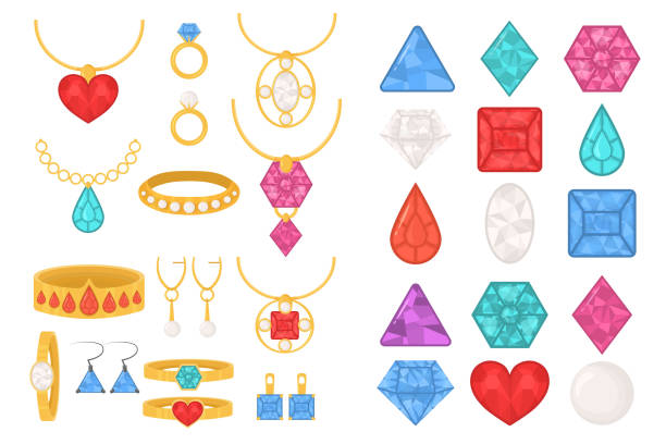 Set of jewelry. Set of jewelry colorful icons. Luxury precious jewelries of rings, necklaces, chains with pendants, earrings, bracelets, inlaid with diamonds, rubies, pearls and sapphires. Vector illustration, eps 10 watch cartoon gold illustration and painting stock illustrations