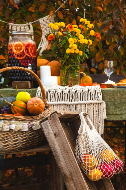 istock Autumn brunch table in the backyard with pumpkin and yellow decor. 1254606412