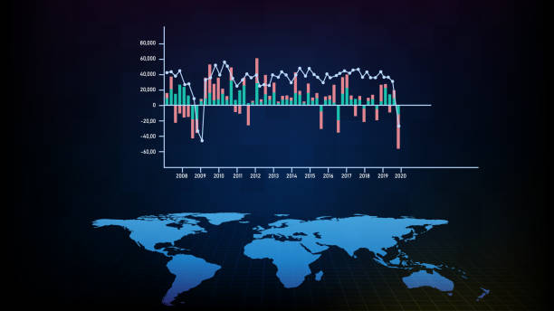 抽象的背景 青い gdp 成長率グラフと世界地図, 世界経済株式市場 - moving down dollar decline graph点のイラスト素材／クリップアート素材／マンガ素材／アイコン素材