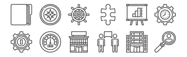 Vector illustration of 12 set of linear management icons. thin outline icons such as human resources, communication, performance, presentation, helm, compass for web, mobile.