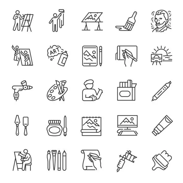 Vector illustration of Painting, icon set. Drawing. Visual arts, tools for creating images, linear icons. Editable stroke