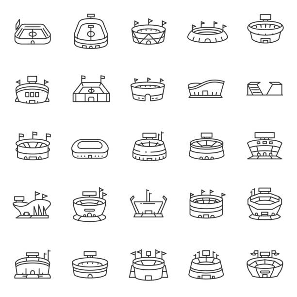 Sports stadium, icon set. Stadiums for athletic and sports events, various forms, linear icons. Editable stroke Sports stadium, icon set. Stadiums for athletic and sports events, various forms, linear icons. Line with editable stroke sports stadium stock illustrations