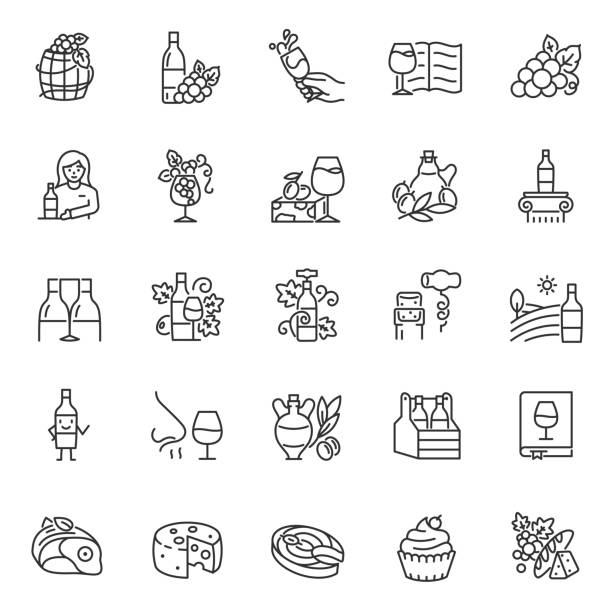 Wine, icon set. Ingredients, production and consumption, linear icons. Editable stroke Wine, icon set. Ingredients, production and consumption, linear icons. Line with editable stroke grape vine vineyard wine stock illustrations
