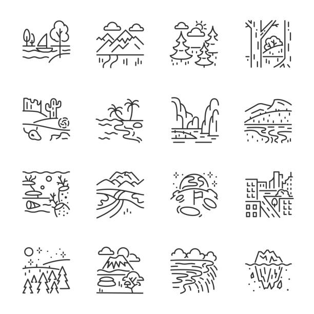 가로, 아이콘 세트. 다양한 자연 경관과 지형, 지형, 선형 아이콘. 편집 가능한 스트로크 - landforms stock illustrations