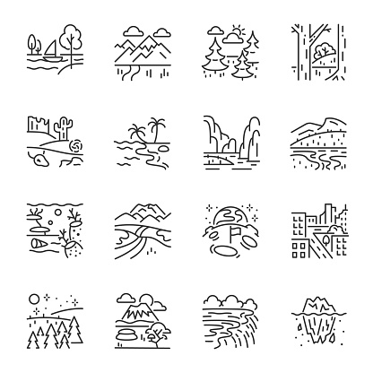 Landscape, icon set. Various natural landscapes and landforms, terrain, linear icons. Line with editable stroke