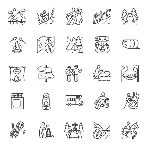 Camping, hiking, icon set. Outdoor leisure and overnight. Attributes for walking, backpacking, linear icons. Editable stroke Camping, hiking, icon set. Outdoor leisure and overnight. Attributes for walking, backpacking, linear icons. Line with editable stroke wilderness stock illustrations