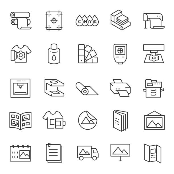 Printing, icon set. Digital and offset, linear icons. Editable stroke Printing, icon set. Digital and offset, linear icons. Line with editable stroke printmaking technique stock illustrations