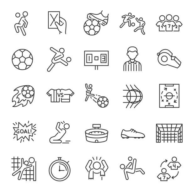 Football, icon set. Soccer. Kicking a ball, team, rule, goal, players, etc linear icons. Editable stroke Football, icon set. Soccer. Kicking a ball, team, rule, goal, players, etc linear icons. Line with editable stroke offside stock illustrations