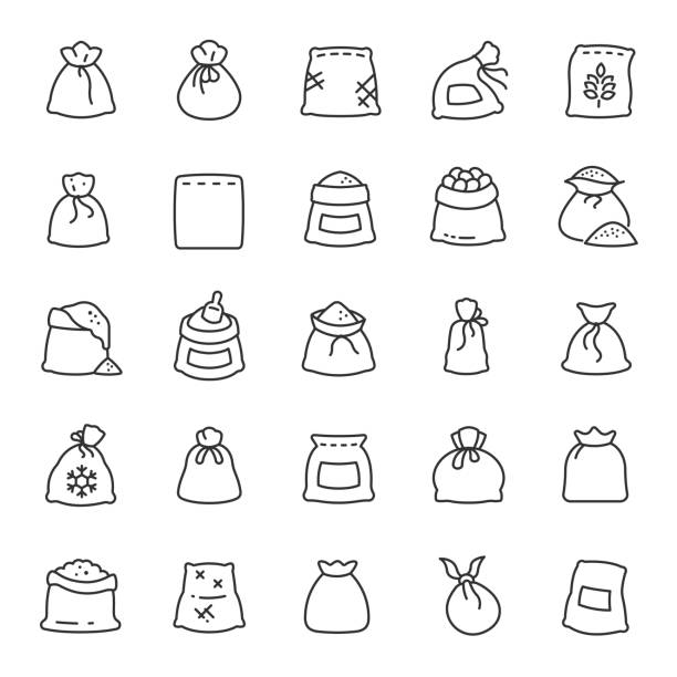 Bag, icon set. Bags with groats, sugar, flour, etc., various shapes, linear icons. Editable stroke Sack, icon set. Bags with groats, sugar, flour, etc., various shapes, linear icons. Line with editable stroke animal pouch stock illustrations