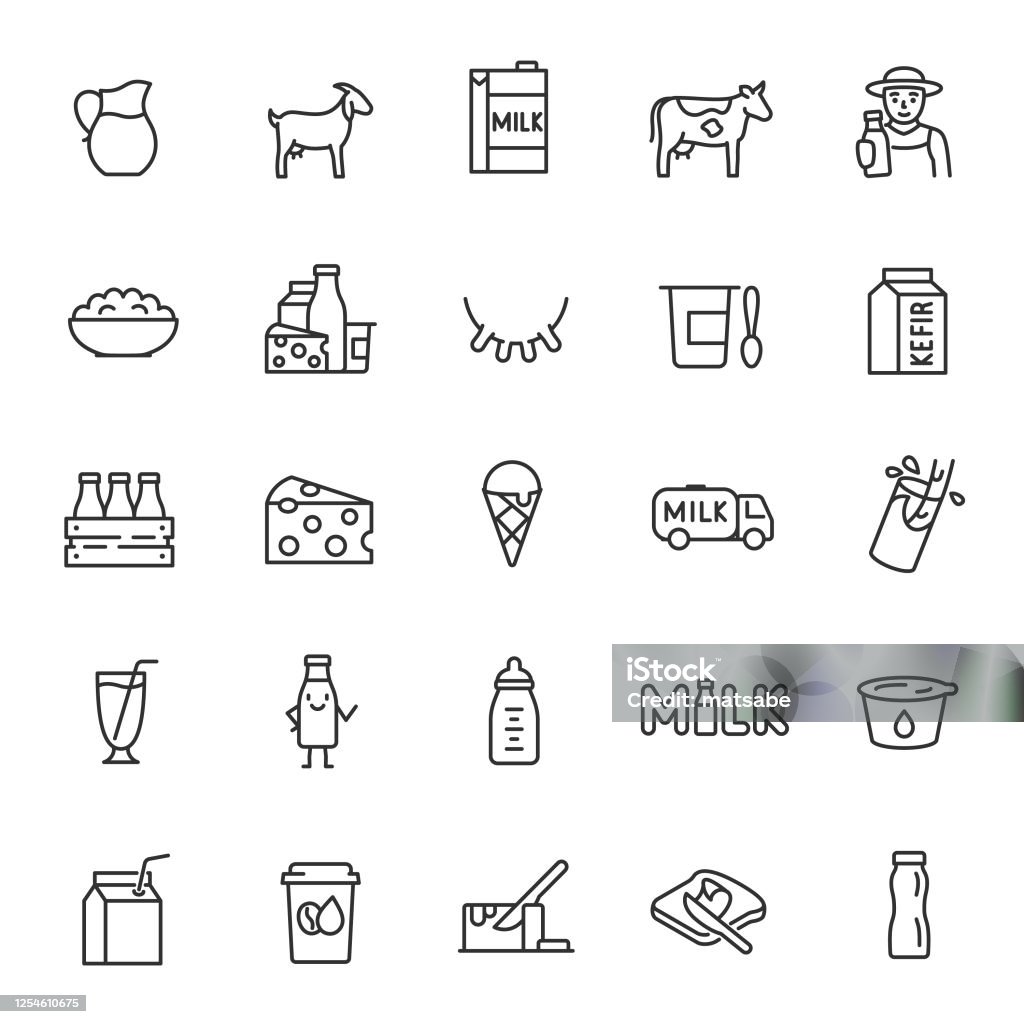 Milk, dairy products, icon set. Cream, butter, cheese, infant formula, yogurt, etc. linear icons. Editable stroke Milk, dairy products, icon set. Cream, butter, cheese, infant formula, yogurt, etc. linear icons. Line with editable stroke Icon Symbol stock vector