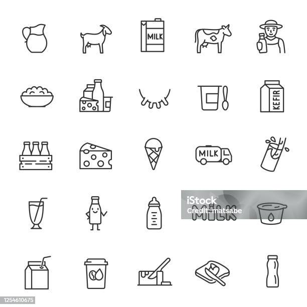 Milk Dairy Products Icon Set Cream Butter Cheese Infant Formula Yogurt Etc Linear Icons Editable Stroke Stock Illustration - Download Image Now