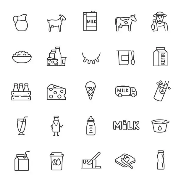 Vector illustration of Milk, dairy products, icon set. Cream, butter, cheese, infant formula, yogurt, etc. linear icons. Editable stroke